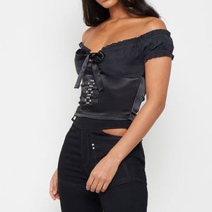 Brand new black silk off the shoulder top